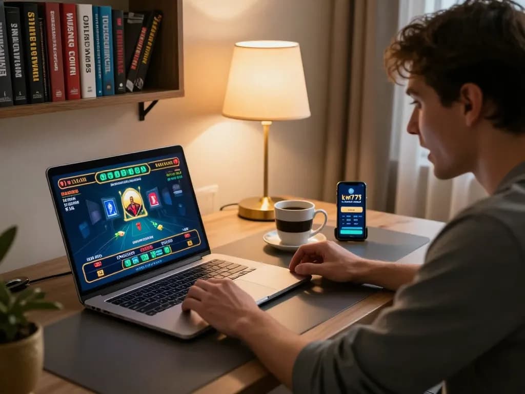 Engaging online gaming experience with km777 casino app on laptop and smartphone during a live dealer game.