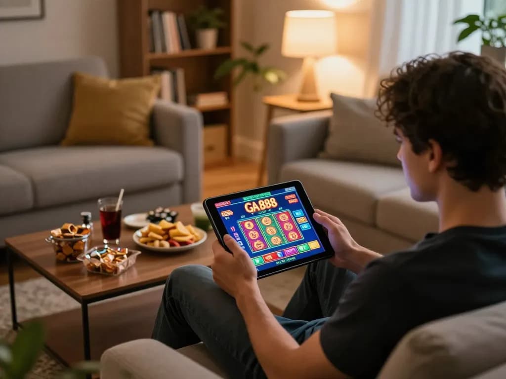 Engaging in online gaming with GA 888 on a tablet in a cozy living room setting.