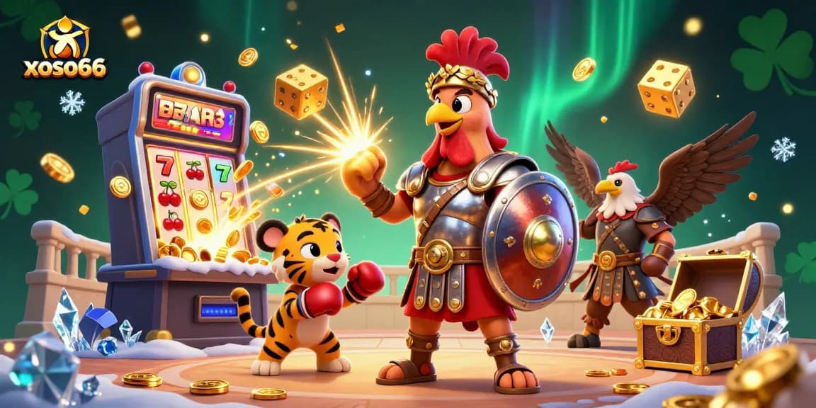 Experience thrilling gameplay with xoso66's dynamic casino scene featuring a gladiator rooster and jackpot elements.