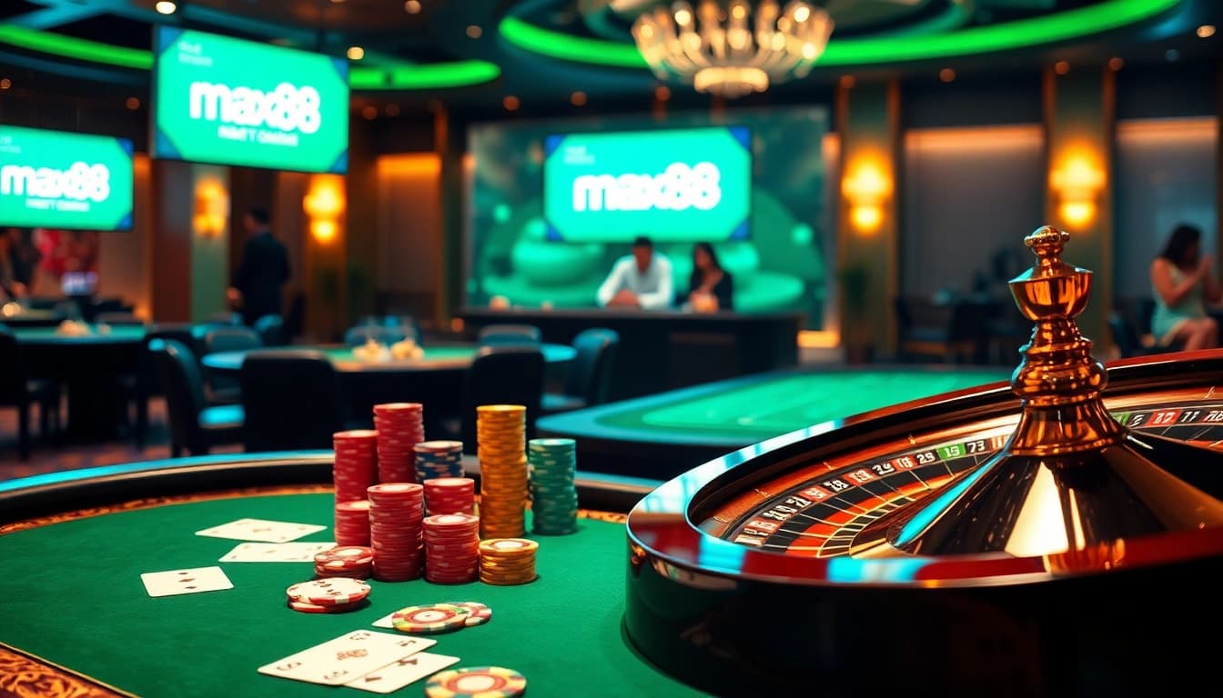 Engaging scene at nhà cái max88 featuring a glamorous casino table, roulette wheel, and vibrant poker chips.