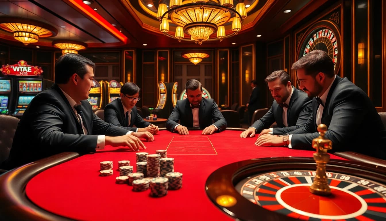 Experience thrilling poker gameplay at MMOO’s luxurious gaming table surrounded by vibrant slot machines.