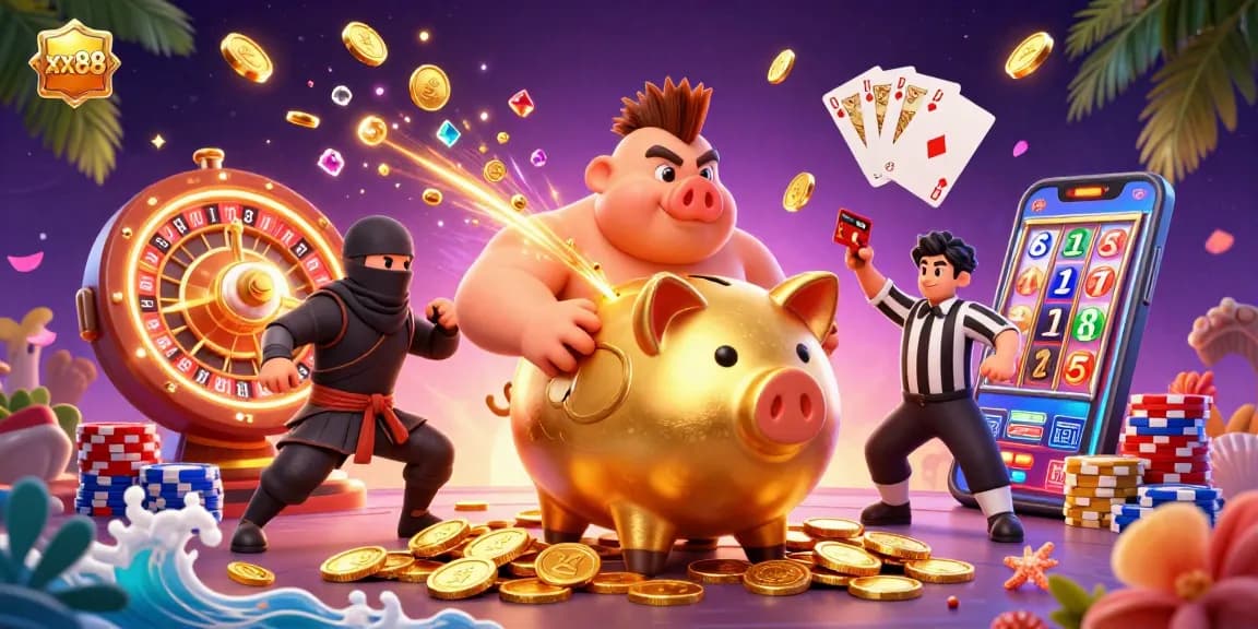 Experience thrilling wins with xx88 as a giant piggy bank sumo wrestler unleashes coins in a vibrant casino scene.