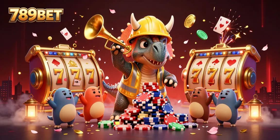 Experience the excitement of 789BET with a vibrant 3D casino scene featuring a triceratops and dynamic gambling elements.