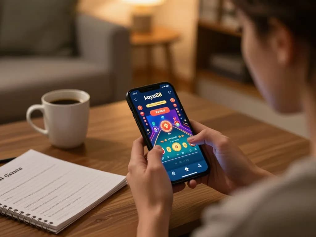 Kaya88 player enjoying a strategic online gaming experience at home using a smartphone.
