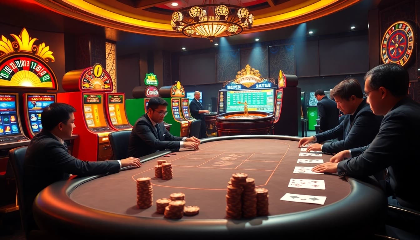 Experience high-stakes poker action at mk8.sh with luxurious casino ambience and vibrant slot machines.