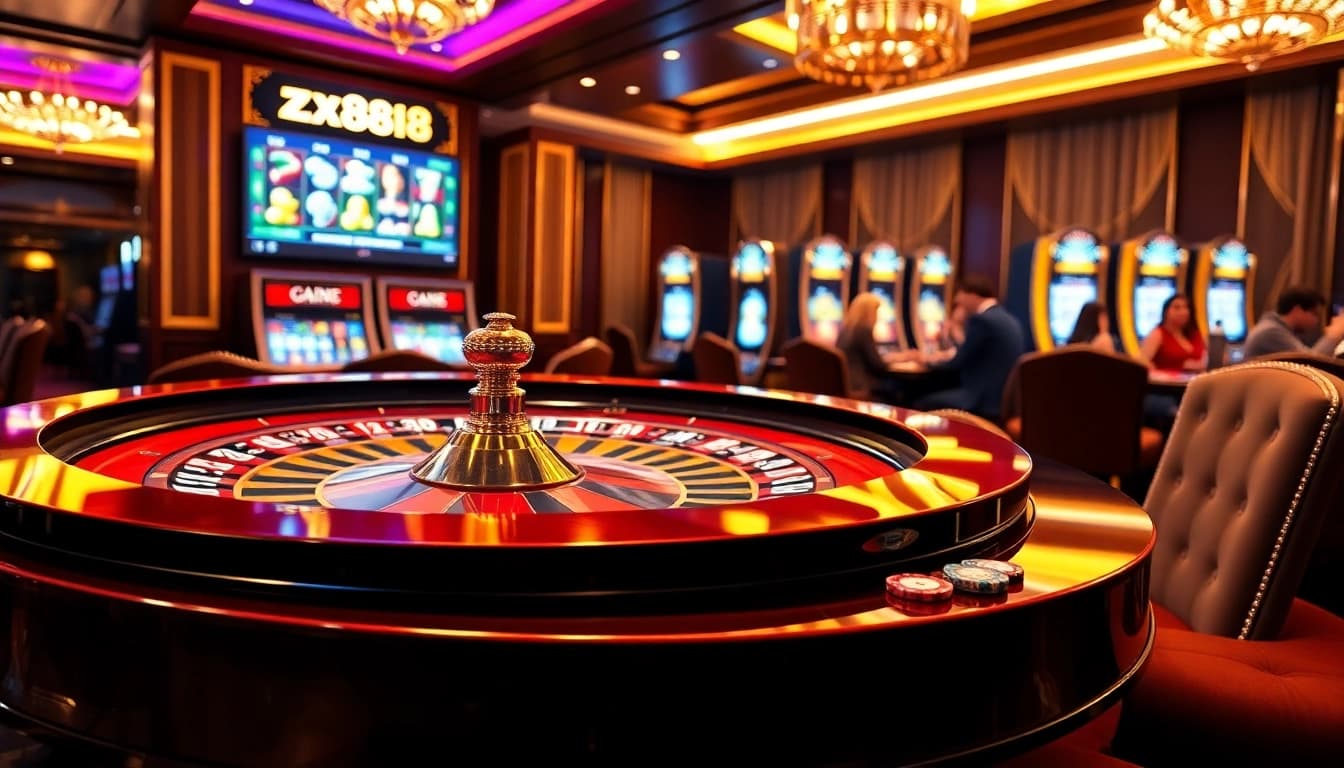 Experience excitement at zx88 us with players gambling at a luxurious roulette table.