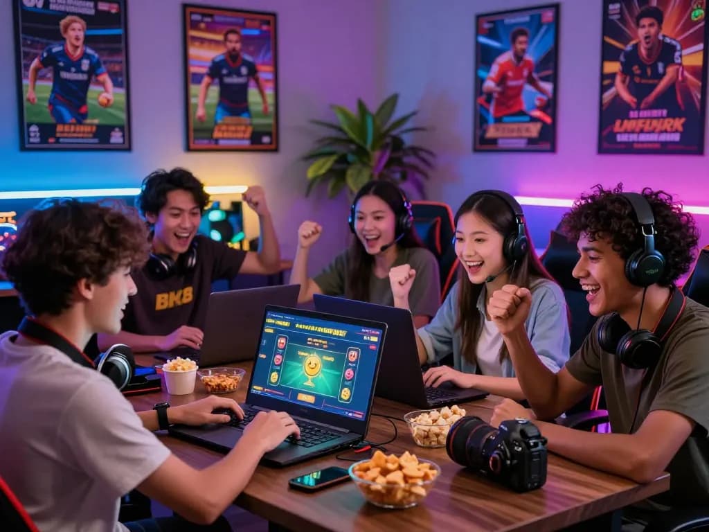 Friends enjoying online betting games on BK8 platform in vibrant environment.