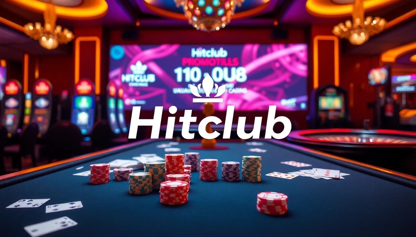 Hitclub casino scene showcasing poker chips, cards, and vibrant slot machines capturing the thrill of gambling.