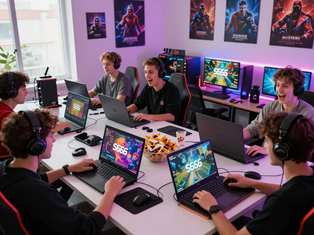 Young adults enjoying games at a vibrant S666 gaming setup, showcasing fun and connection.