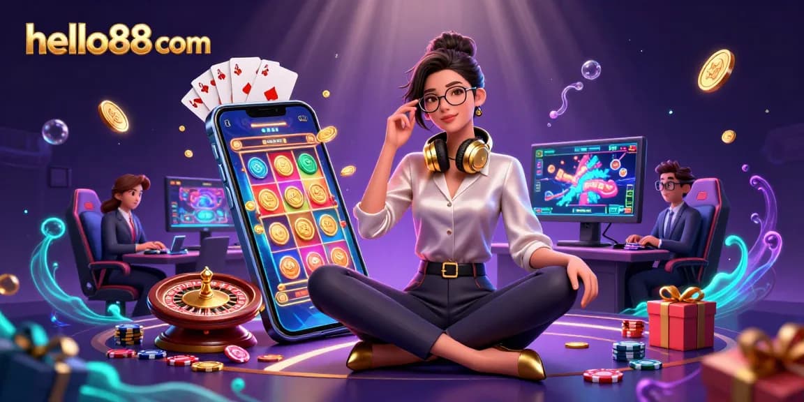Spin the reels with engaging gameplay at hello88 com, featuring vibrant casino elements like slots and playing cards.