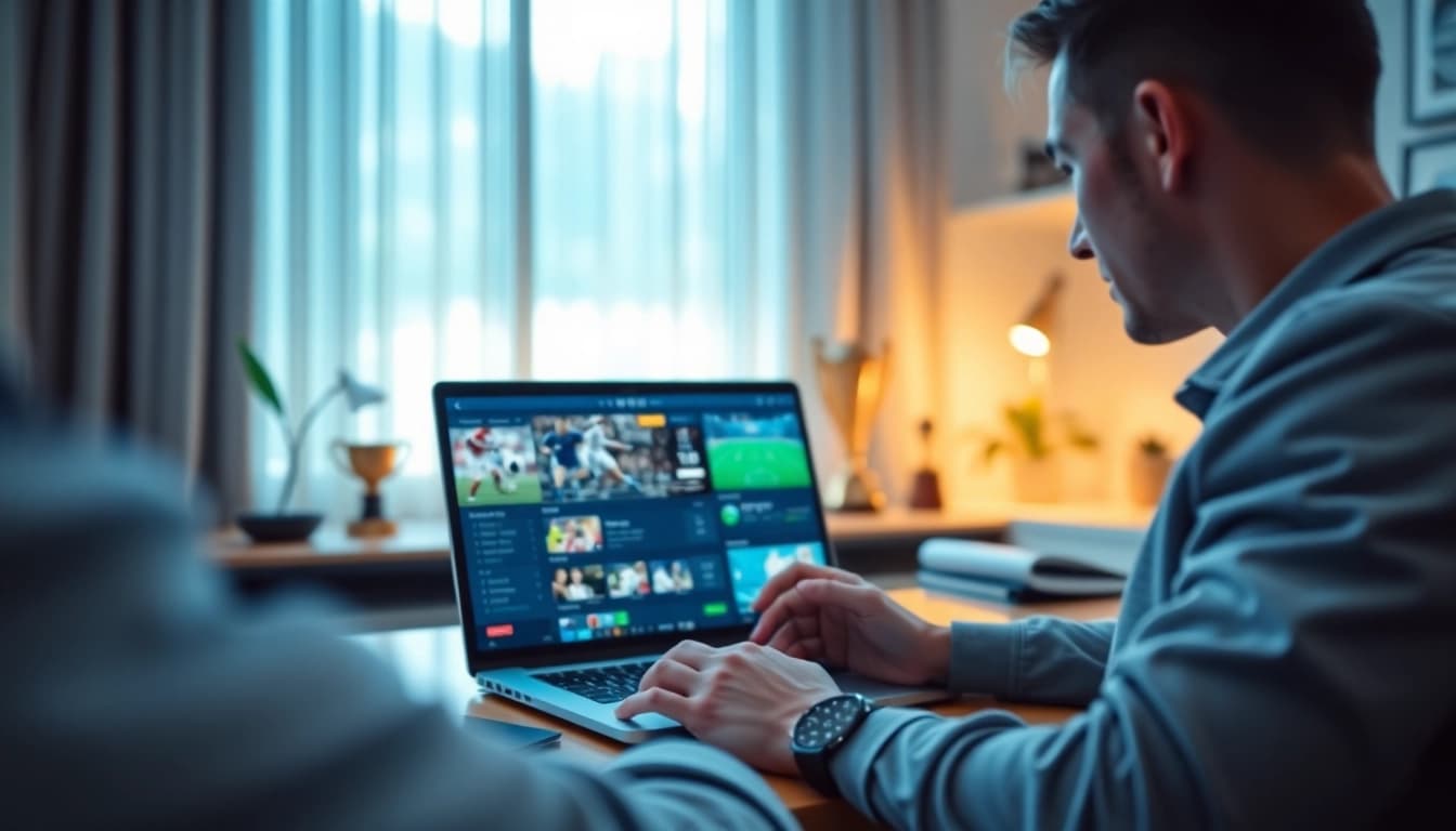 Ho88 user engaging in online betting with digital interface in a modern home office.
