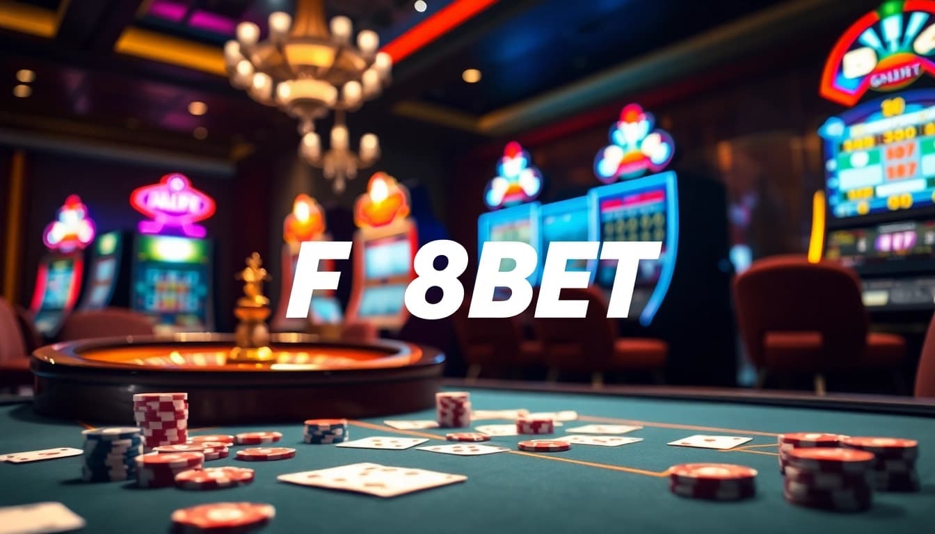 Exciting gaming experience at F8BET trang chủ showcasing roulette and poker elements.