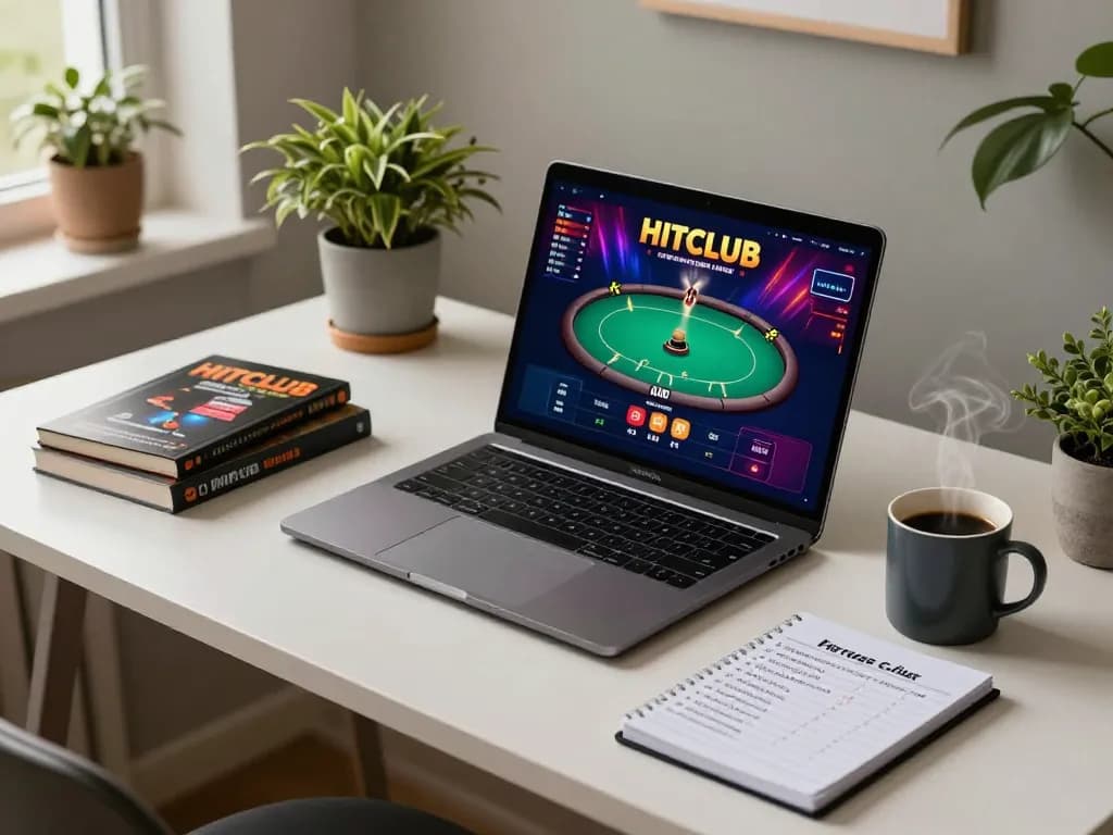 Engaging with HITCLUB poker strategies on a laptop in a warm home environment, focusing on responsible gaming