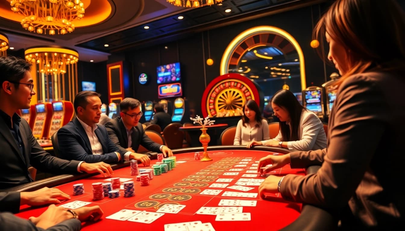 Players enjoying an exciting poker game at Jun88 casino, showcasing vibrant chips and elegant cards.