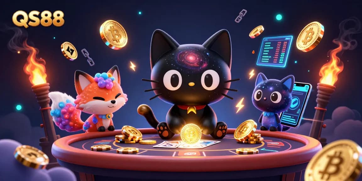 Experience the thrill of QS88 with vibrant casino action, featuring a cosmic cat and crypto charm.