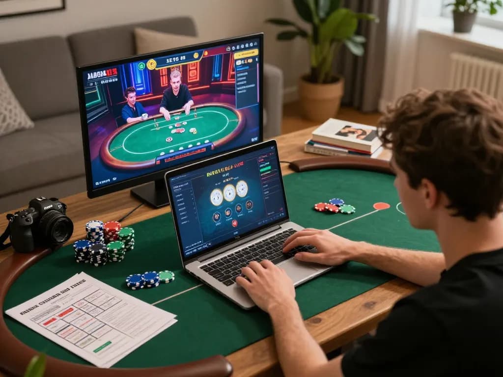 Engaging scene of a player using 32win11 for high-stakes poker gaming with chips and strategy notes.