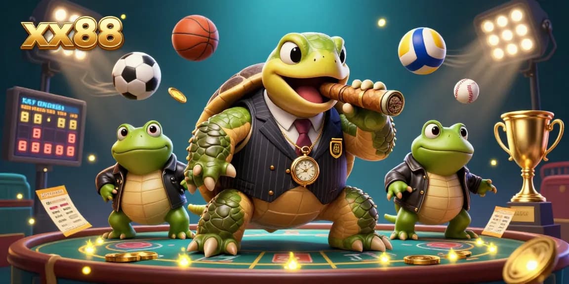 Join the thrilling action at xx88 as a cartoon turtle in a mobster suit oversees sports betting with vibrant elements.