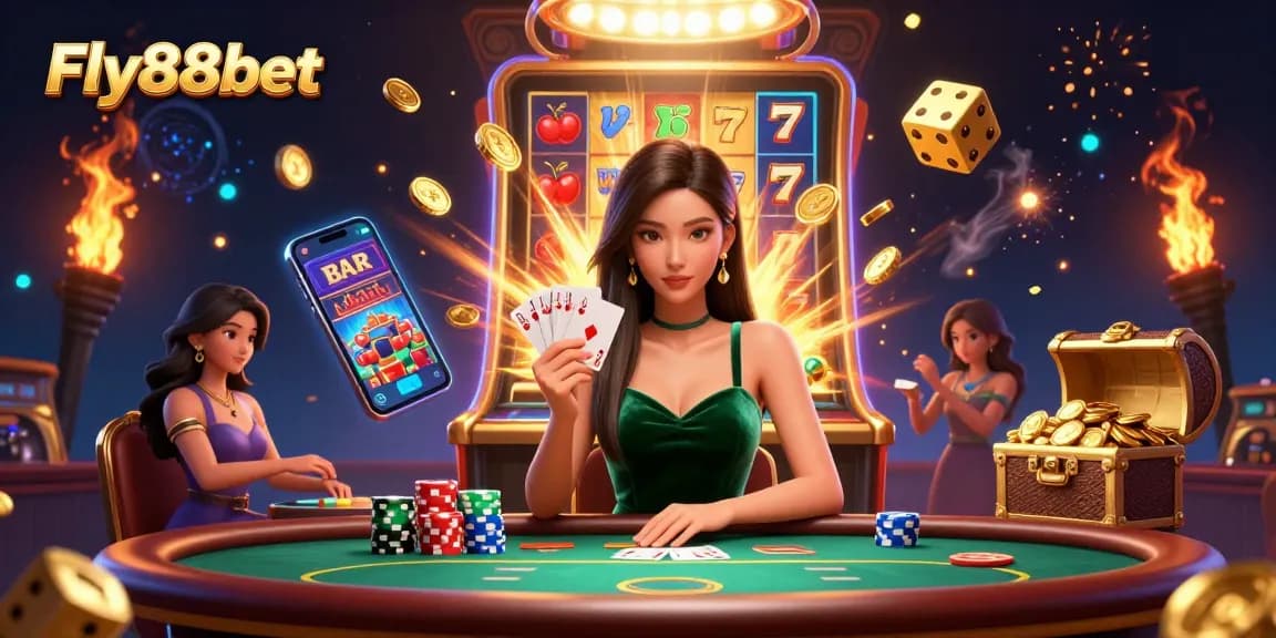 Experience the excitement of Fly88bet with a stunning casino scene showcasing a focused player and vibrant games.