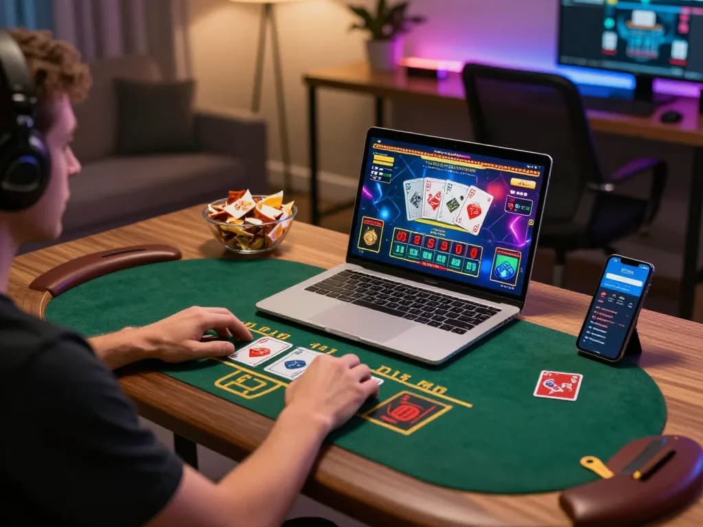 Engaging in live dealer blackjack on an online platform with bsport, showcasing a lively home gaming setup.
