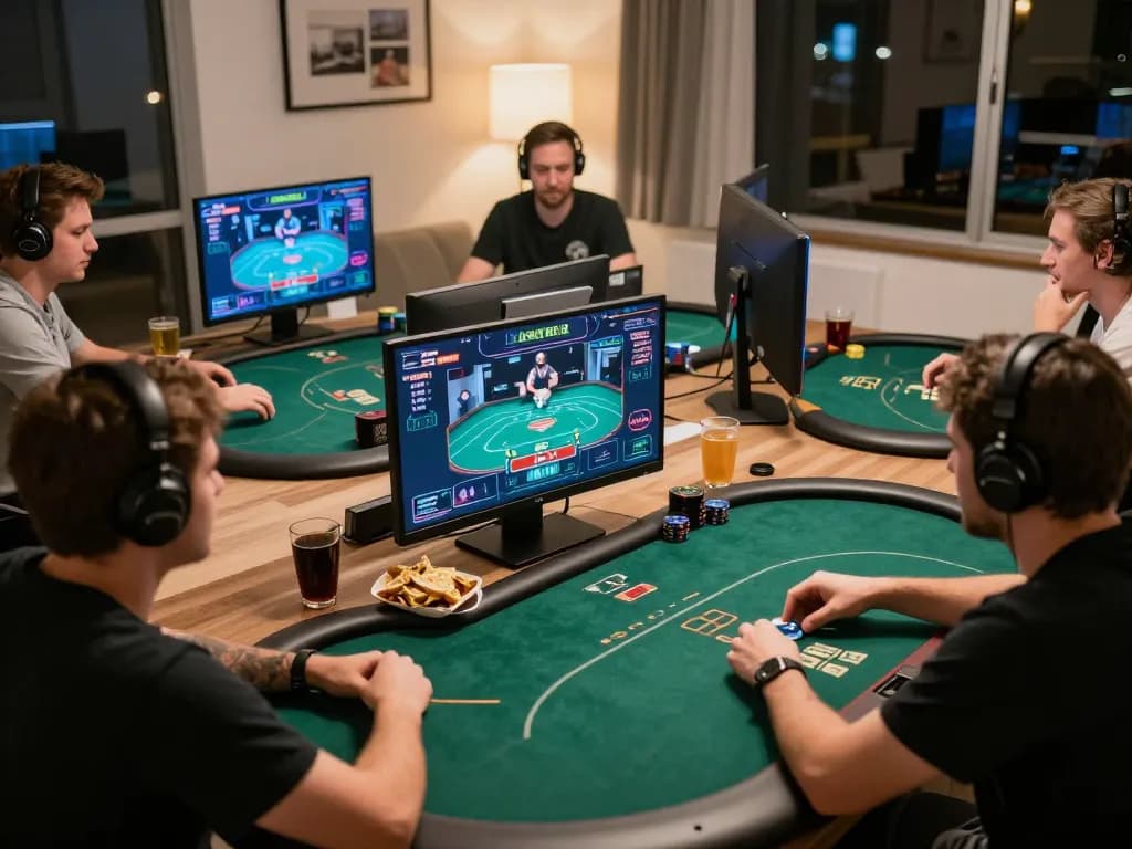 Players enjoying an exciting online poker session at home with 789betgo app on multiple screens