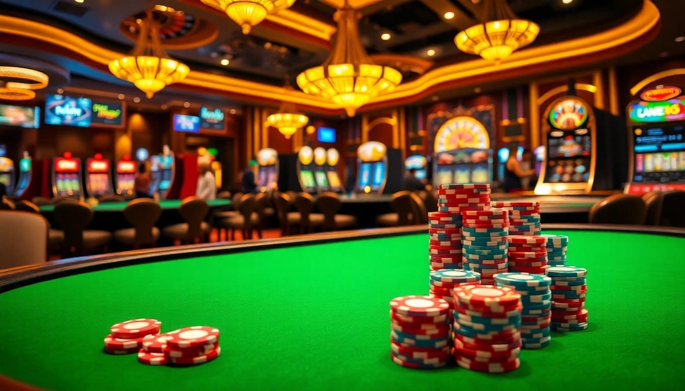 A vibrant casino scene showcasing poker action and exciting gameplay at https://jtg88.com/, with colorful chips and roulette wheels.