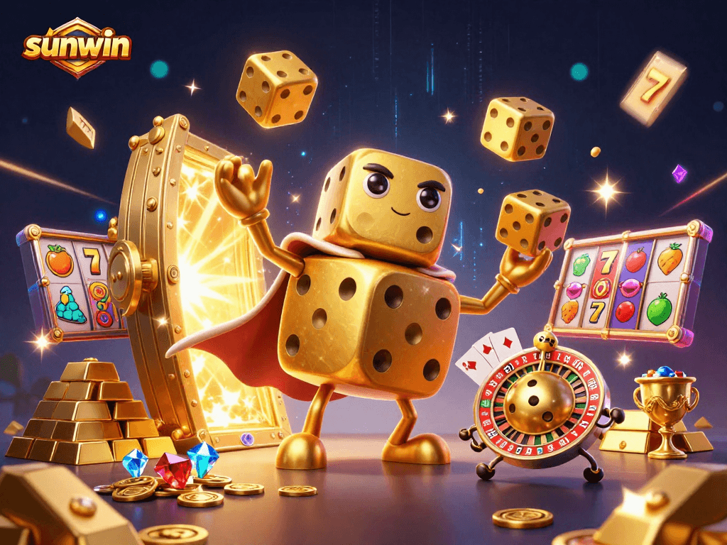 Play exciting games at sunwin with a golden dice golem, slot reels, and treasure galore.