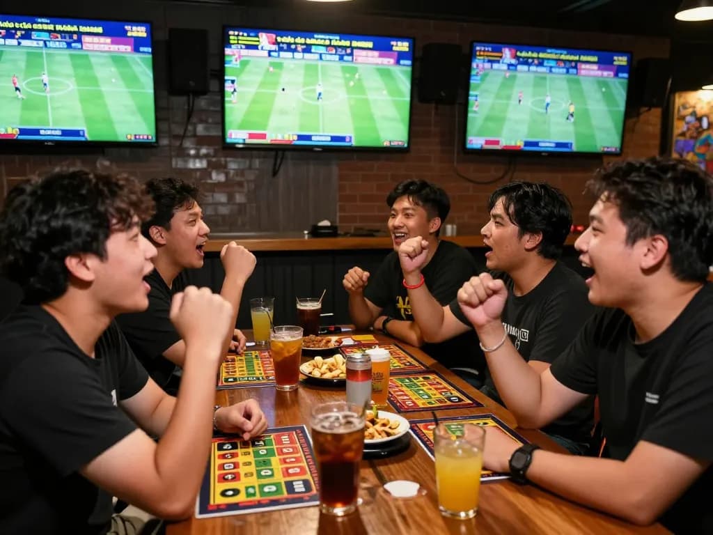 Cá Độ Bóng Đá Online action captured as fans cheer while placing bets at a sports bar.