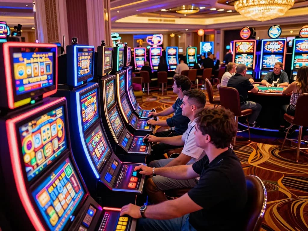 Players engaging with colorful slot machines at the hitclub casino, showcasing excitement and entertainment
