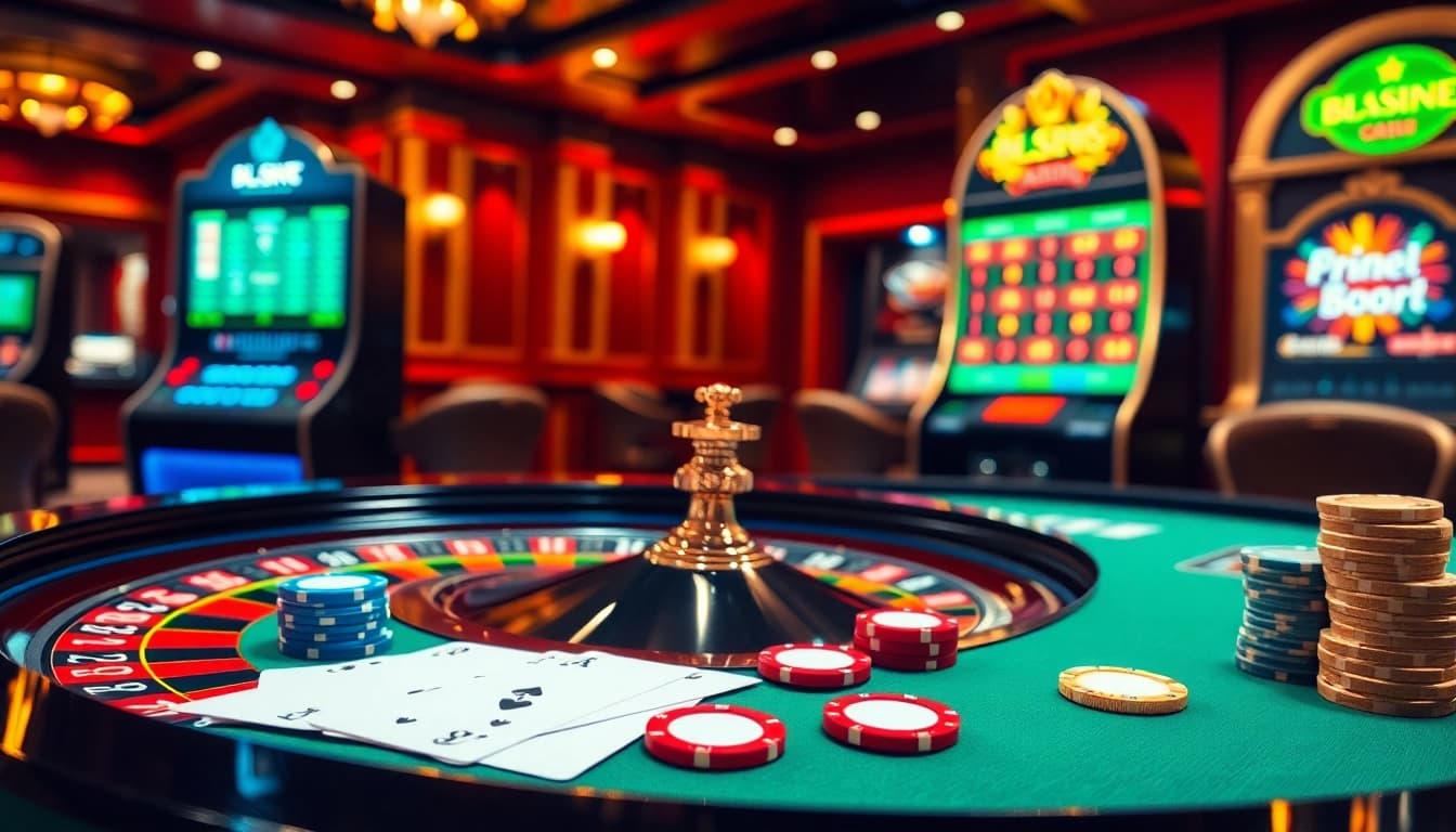 Experience thrilling gambling action at https://bl555.rocks with vibrant casino visuals including roulette, poker cards, and slot machines.