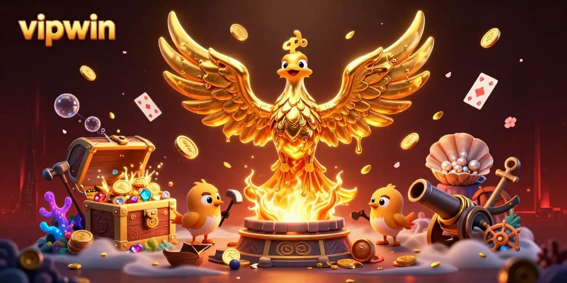 Experience epic wins at vipwin with a molten golden phoenix and treasure explosions in 3D illustration.