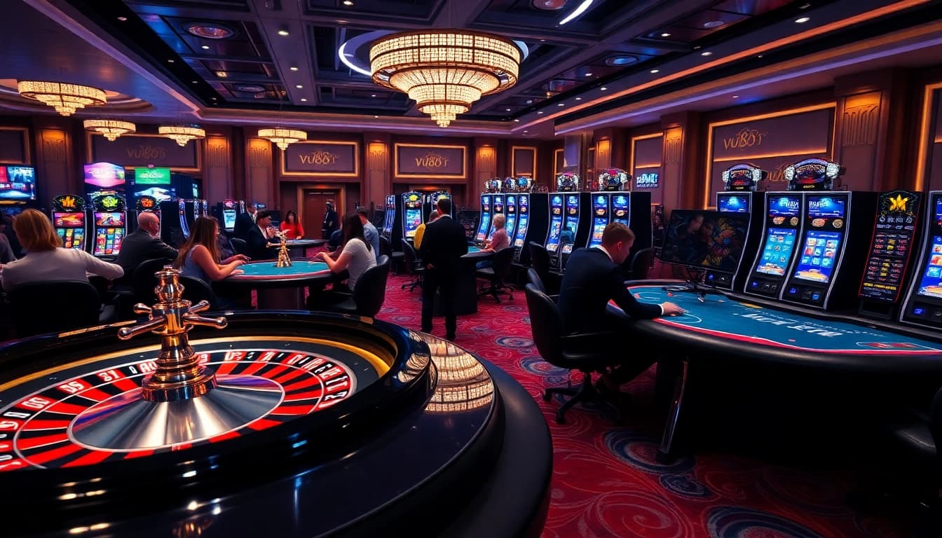 Exciting gameplay at vu88.com featuring roulette wheel, poker table, and vibrant slot machines.