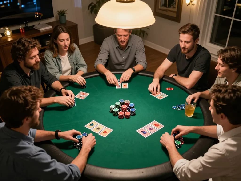 Players enjoying an engaging poker night with 8day, showcasing chips and cards in an inviting home atmosphere.