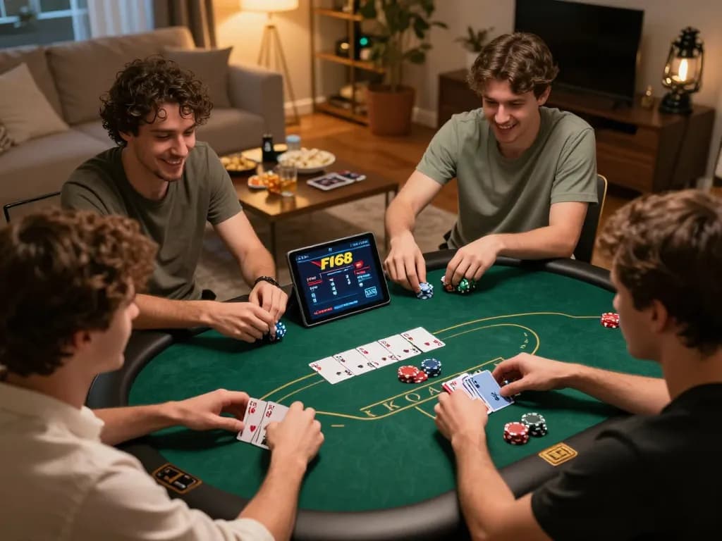 Engaging gameplay on F168's poker platform in a cozy living room with players discussing strategies.