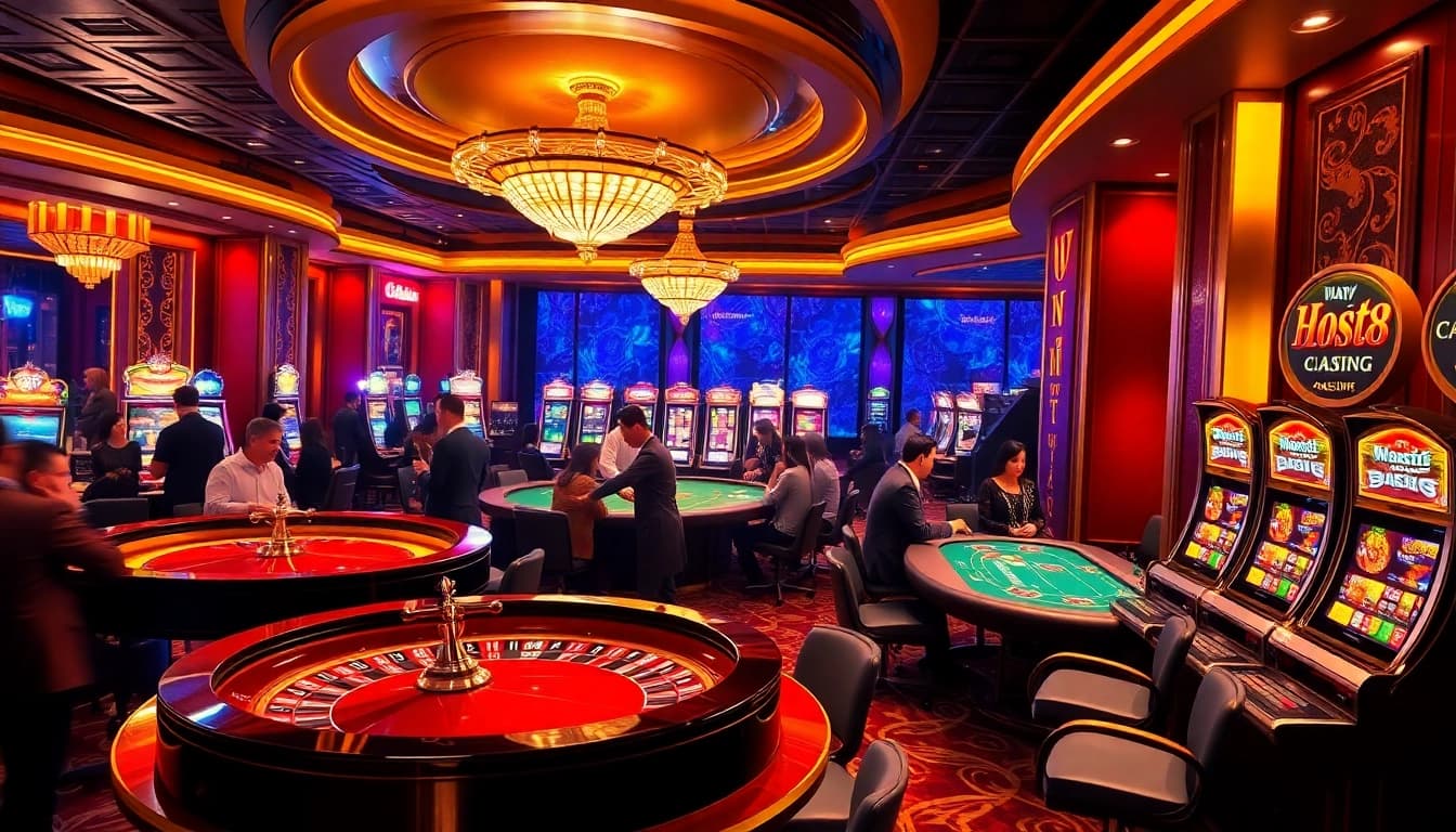 Experience excitement at nhà cái W188 with players enjoying various casino games and vibrant slot machines.