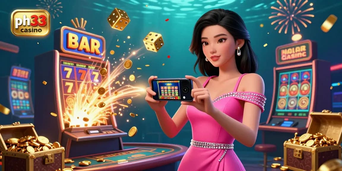 Play thrilling games at ph33 casino with a stunning Asian woman showcasing the action on her smartphone.