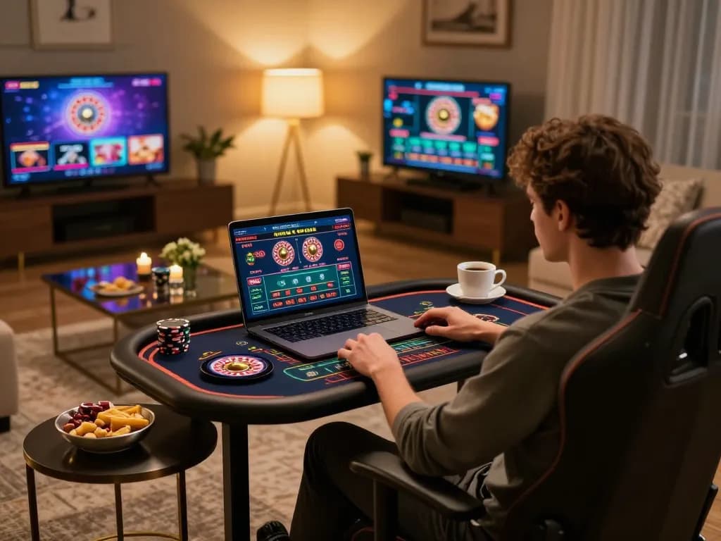 Player engaging with 33win online casino games on a sleek laptop and tablet in a cozy home setup.
