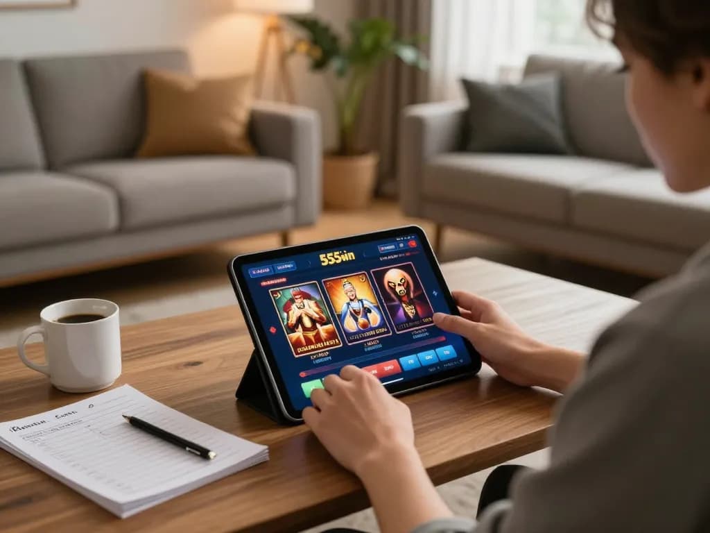 Player engaging with the 555win online casino app in a cozy setting, showcasing strategic gaming.