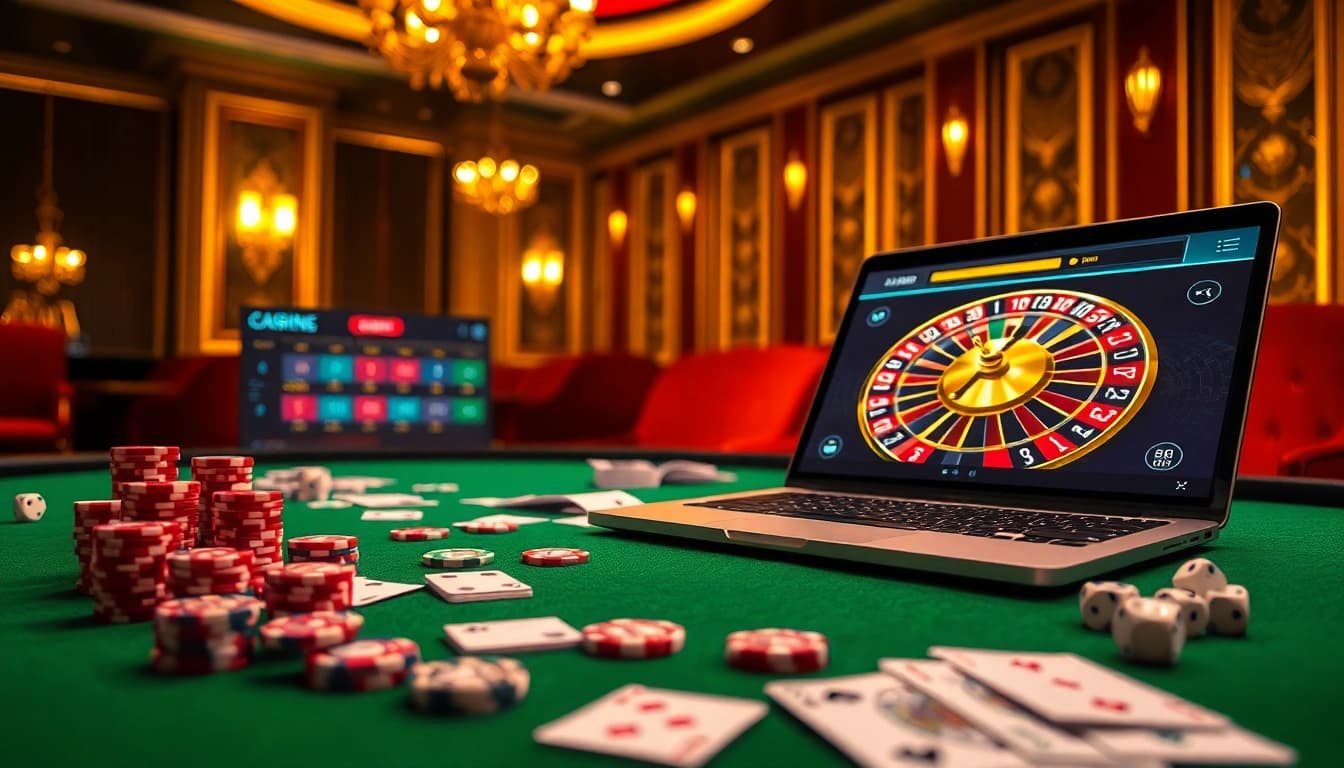 Experience high-stakes gambling at uu88. com with a vibrant poker table, roulette wheel, and online game interface.