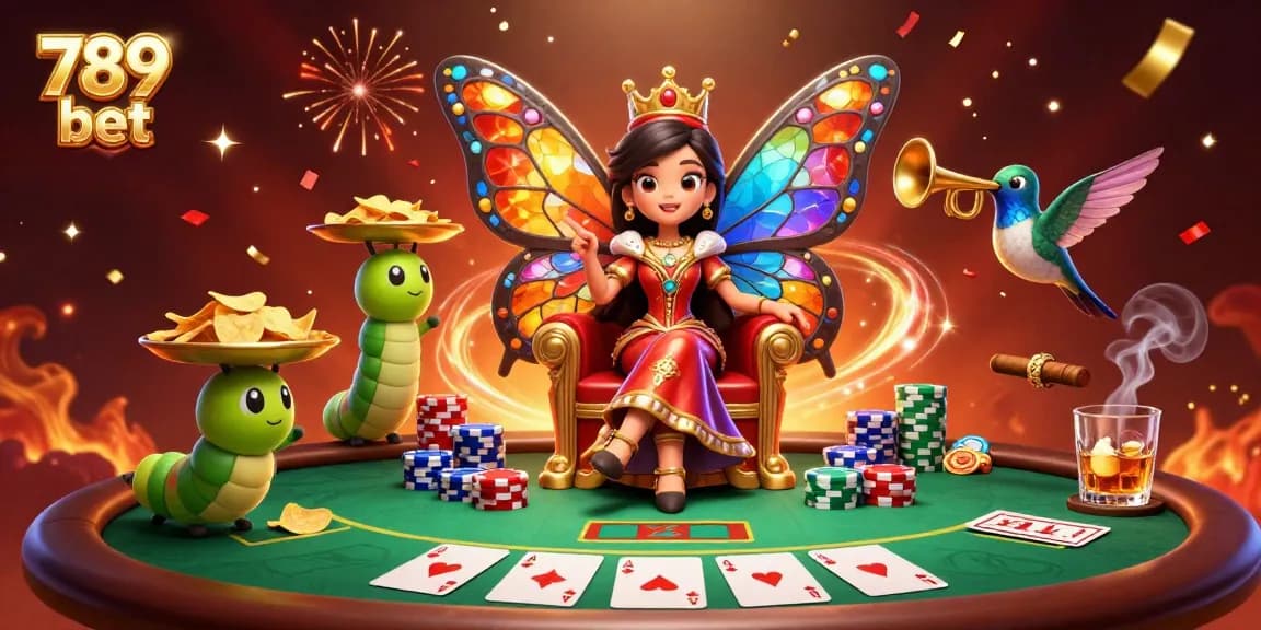 Engage with 789 bet's colorful online gaming world featuring a majestic butterfly queen and lavish poker elements.