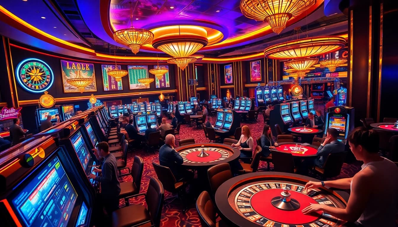 SODO66 casino scene showcasing vibrant gaming with roulette wheels, slot machines, and engaged players.