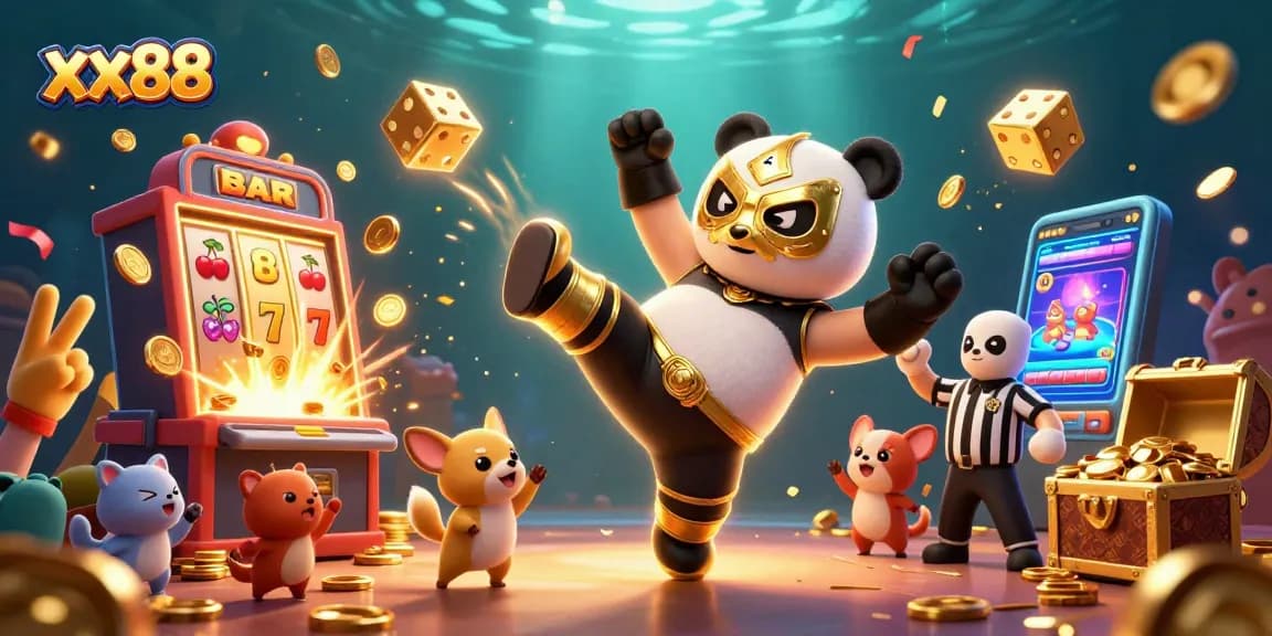 Engage in thrilling xx88 gaming action featuring an exciting panda wrestler, vibrant casino elements, and wild crowds