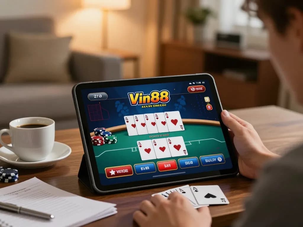 Engaging with Vin88 chính thức’s poker game on a tablet, emphasizing a cozy home gaming atmosphere.