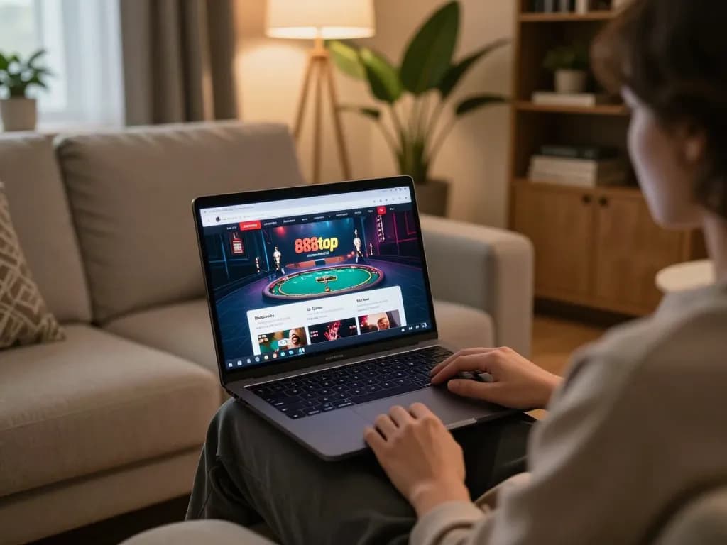 Engaging gameplay on the 888top homepage from a cozy home setup with a laptop and warm atmosphere.