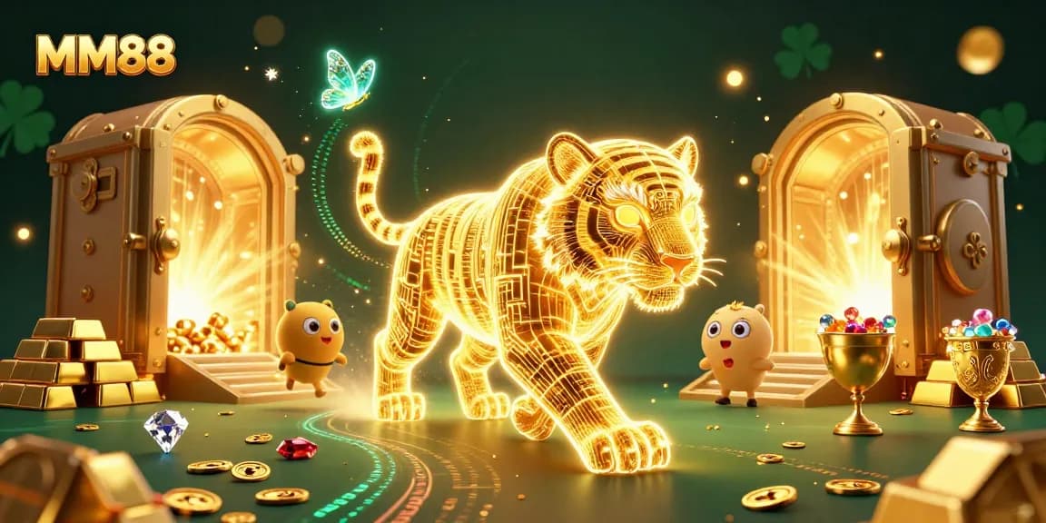 Experience thrilling gaming at MM88 with a golden tiger, vibrant treasures, and exciting casino elements.