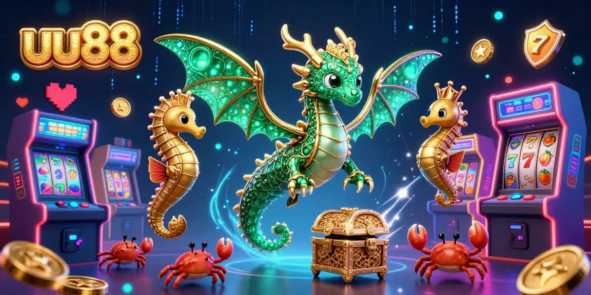 Experience thrilling gameplay with uu88's vibrant 3D casino scene featuring a majestic sea dragon and slot elements.