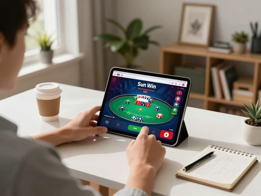 Engaging with the Sun Win app while enjoying a cozy home gaming experience, showcasing modern online gambling.
