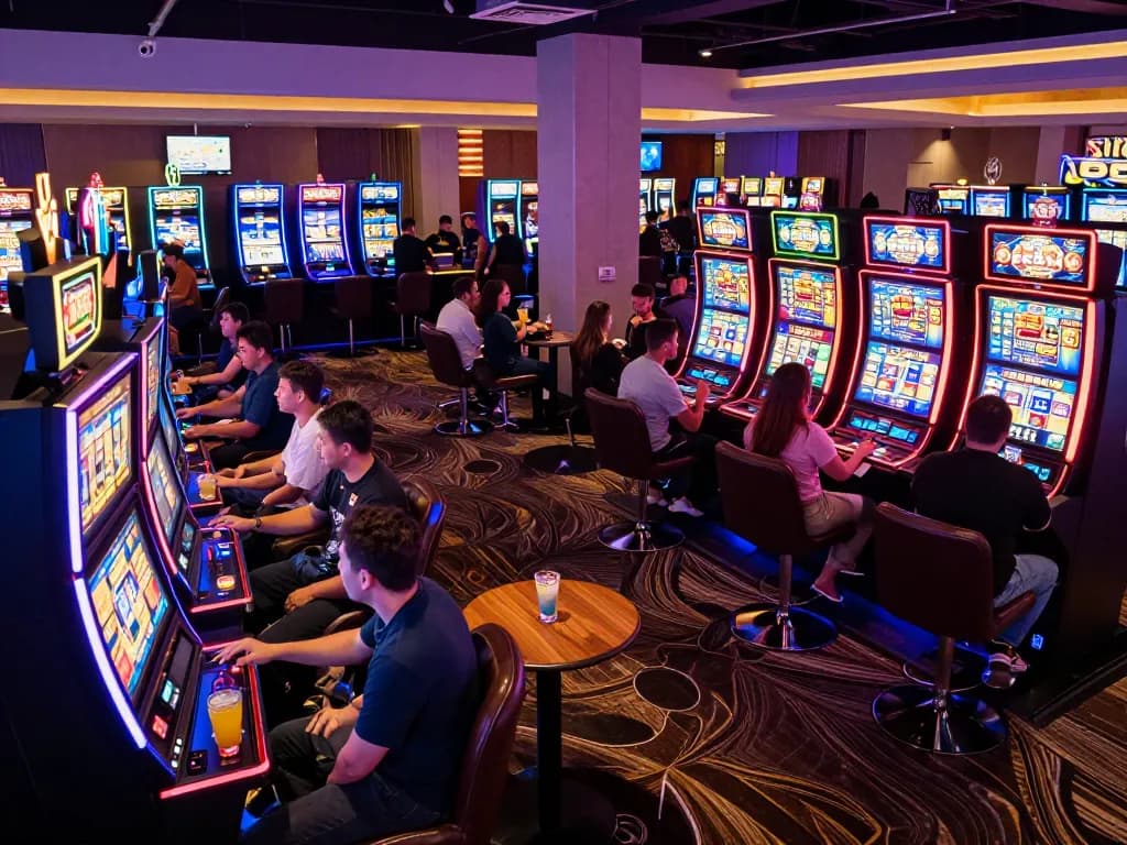 rr88 wales gamers enjoy vibrant slot machines illuminated with colorful lights