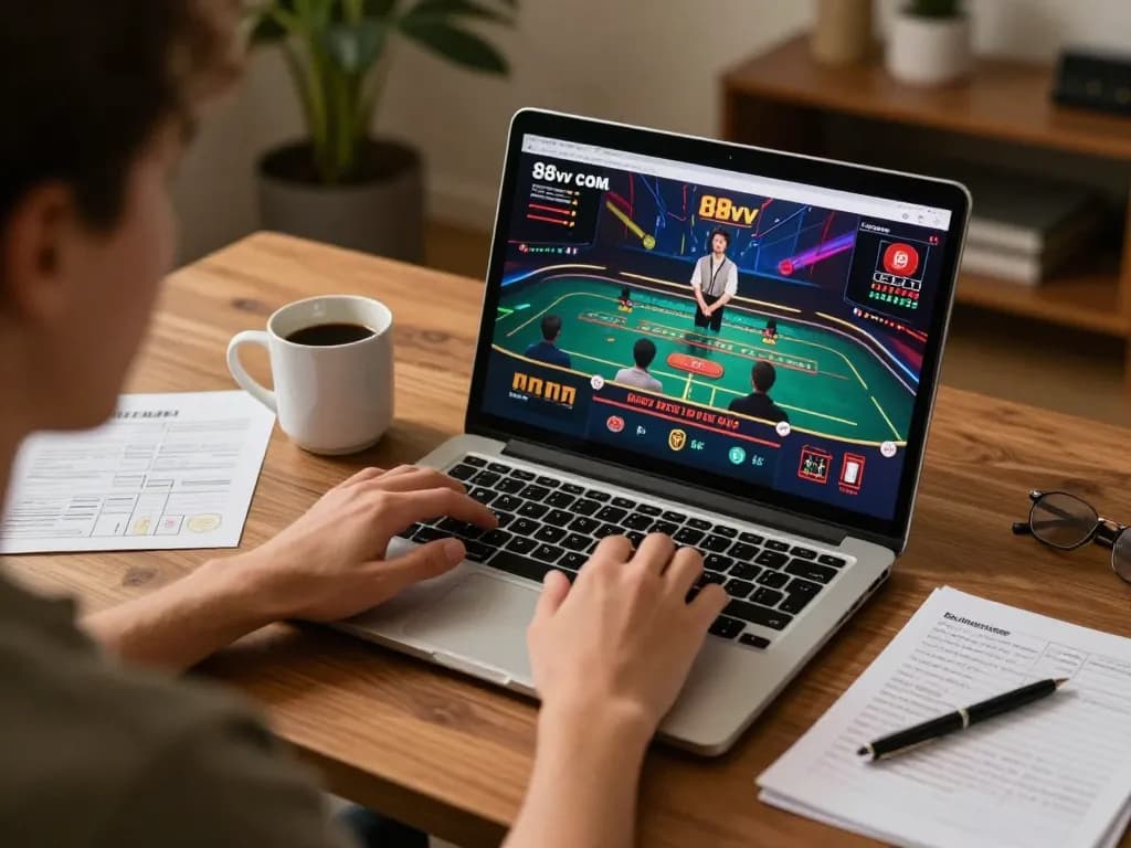 Engaging in online gameplay at 88vv COM with a laptop setup and live dealer interaction