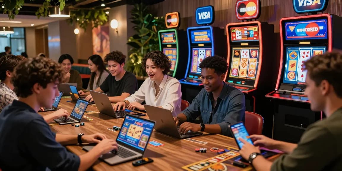 Players engaged at credit card casinos in a vibrant lounge, showcasing https://transact.org.uk and diverse gaming experiences.