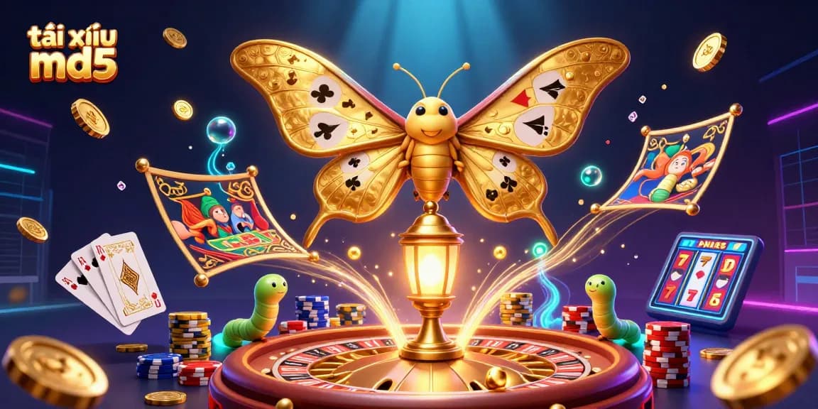 Play tài xỉu md5 with a captivating 3D scene featuring vibrant casino symbols and golden motifs.